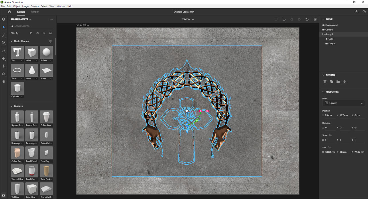 Screenshot of the Celtic Dragon and Cross file open in Adobe Dimension.