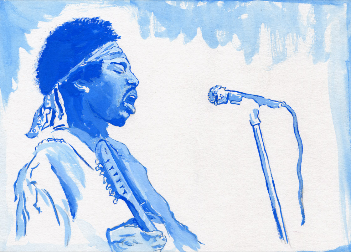 Monochromatic painting of Jimi Hendrix at Woodstock in goauche on 6 inch x 4 inch artboard.