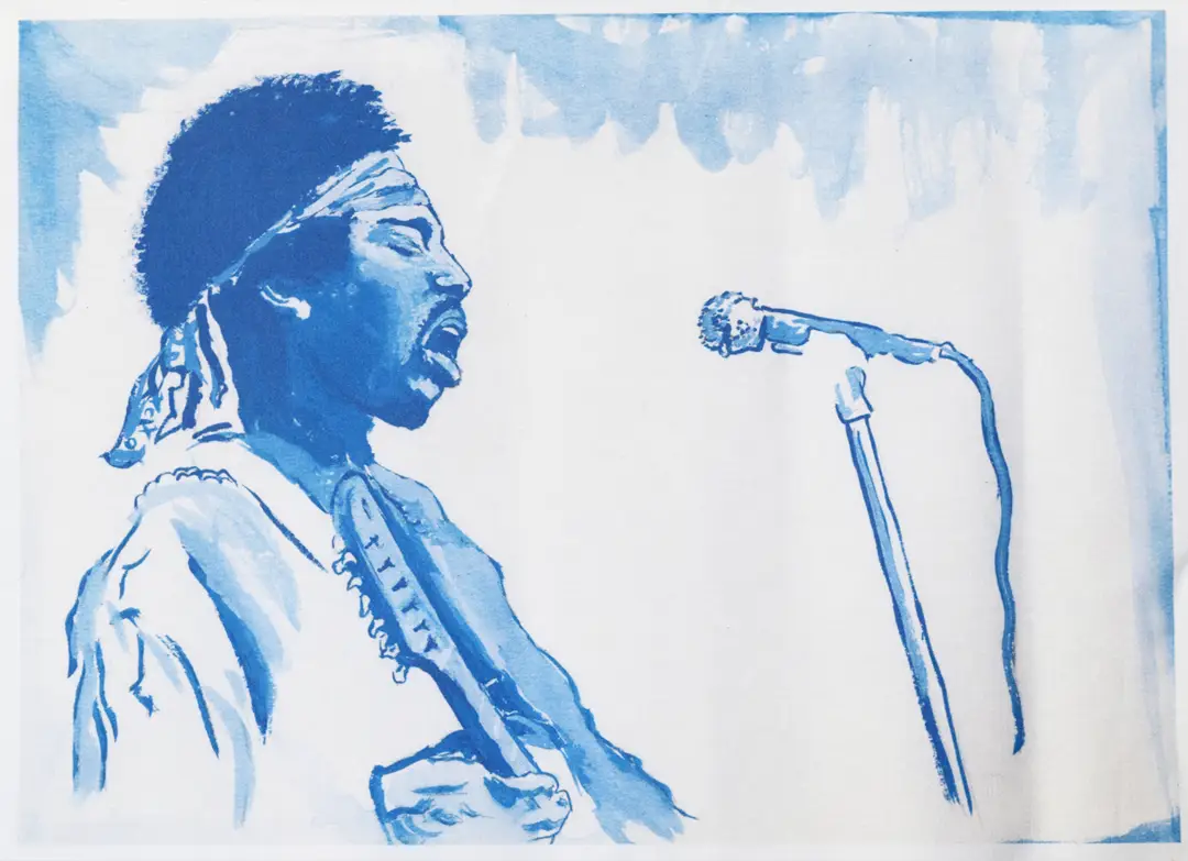 The Jimi-001 tribute printed on linen at 16 inches x 21 inches.