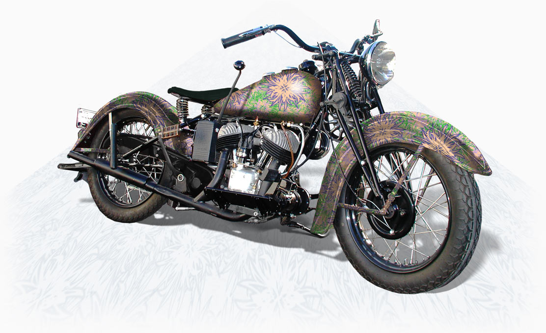 Image of Dave's antique Harley Davidson flathead with the MadMotif mapped onto all sheet metal surfaces