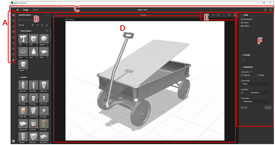 Simple diagram of Adobe Dimension's user interface